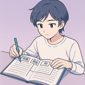 ノートを「問題・理由・例」の3つに区切って書き込む学生のアニメ調イラストで、国語のブロック読みの仕組みを視覚的に示した図。 