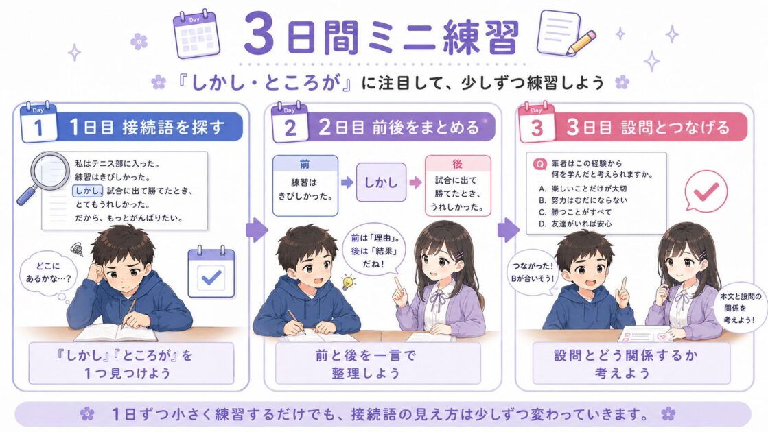 国語長文の読み方を3日間で小さく練習する流れを整理し、実践の始め方を助ける図解