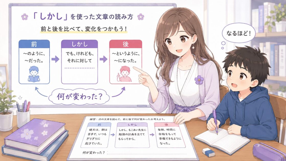もこあい先生が健太に国語長文の前と後をセットで読む方法を教え、話の変化を整理する読み方を示す挿絵