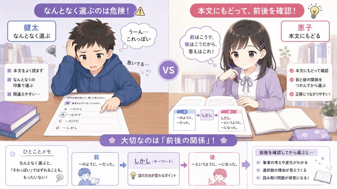 健太が雰囲気で選択肢を選び、恵子が本文の前後関係を確認している対比で、国語長文の選択肢の読み方を助ける挿絵