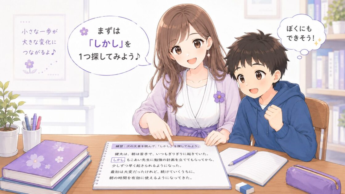 もこあい先生が国語長文はまず「しかし」を1つ探すところからで大丈夫とやさしく背中を押す挿絵