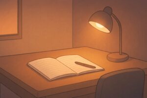 夕方の机にノートとペンが置かれている静かな場面（学びを落ち着いて終える感覚の理解を助ける）