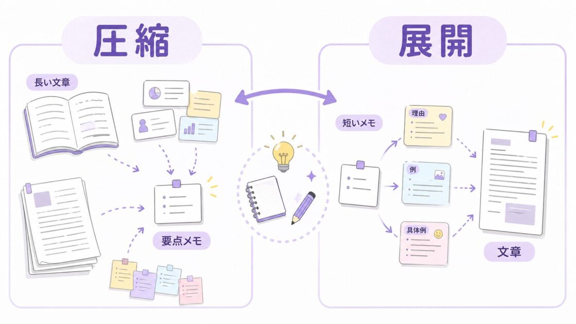 長い文章を短くまとめる圧縮と、短いメモを文章に広げる展開の流れを示した図で、国語力の理解を助ける
