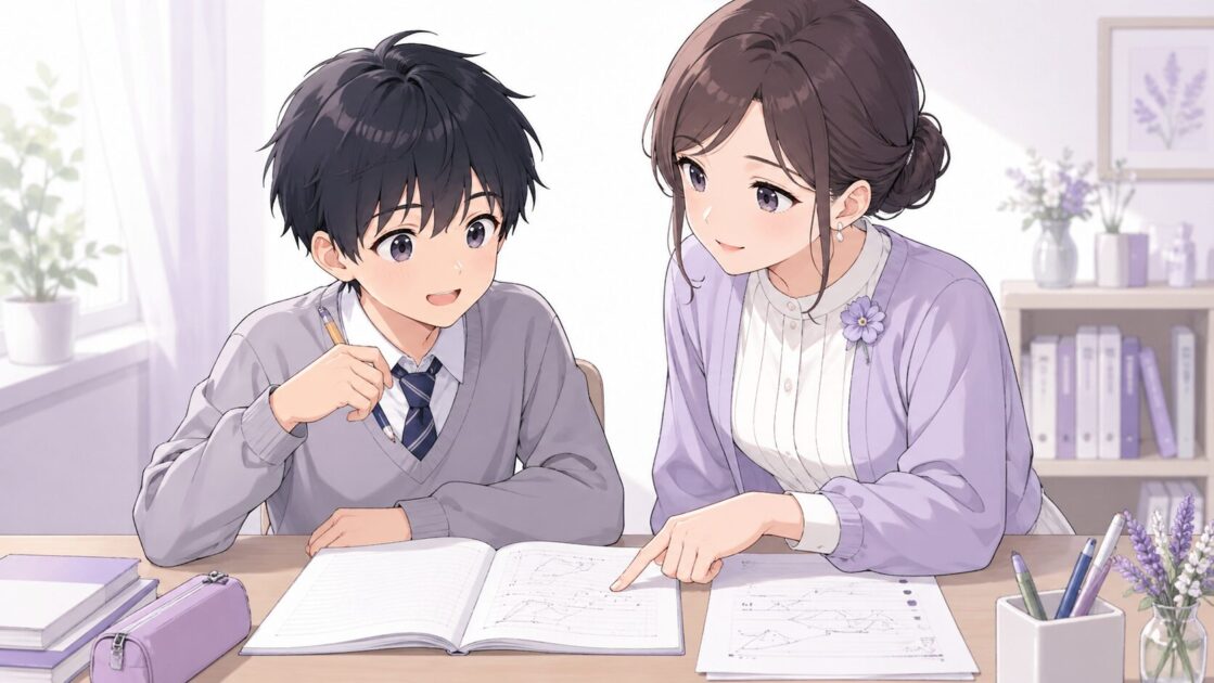 もこあい先生と健太がノートを見ながら、何を聞かれているかを確認している場面を描いた挿絵で、つまずきの見つけ方の理解を助ける