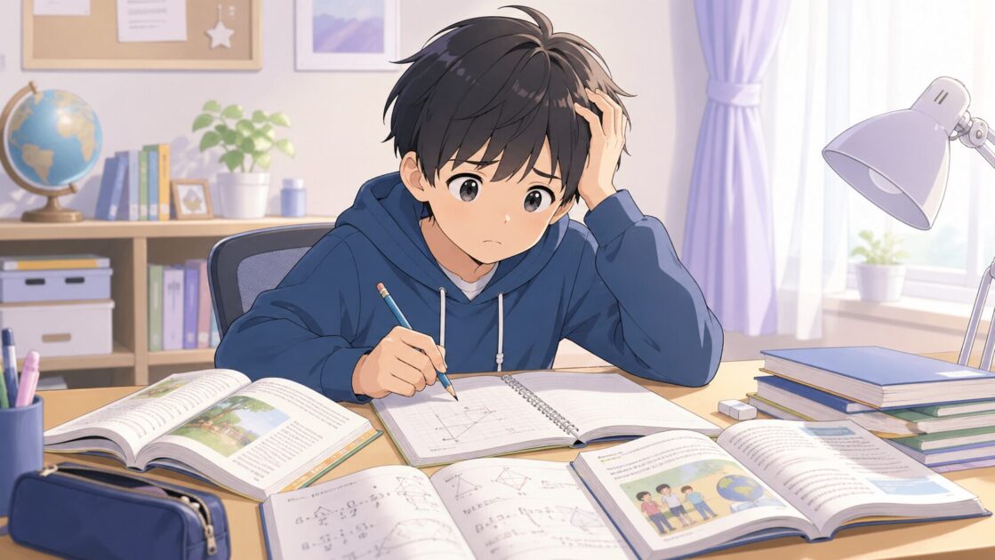 国語・数学・英語の教材を前に、勉強しているのに手が止まっている健太の様子を描いた挿絵で、勉強が止まる感覚の理解を助ける