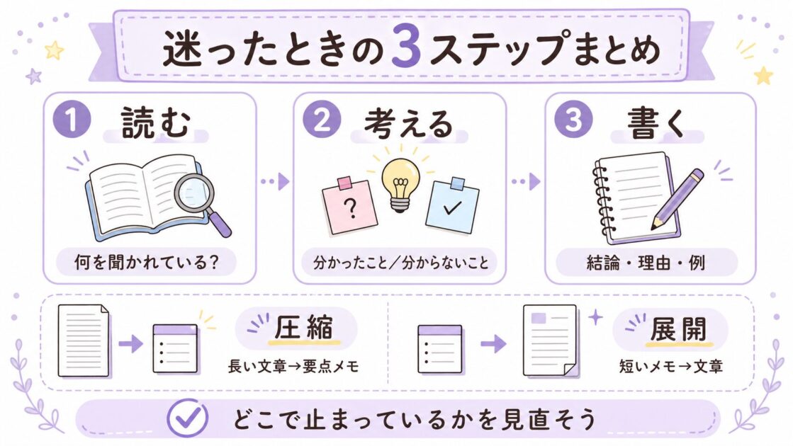 読む・考える・書くの3ステップと圧縮・展開の要点を1枚でまとめたミニシートで、勉強が止まったときの見直しに役立つ