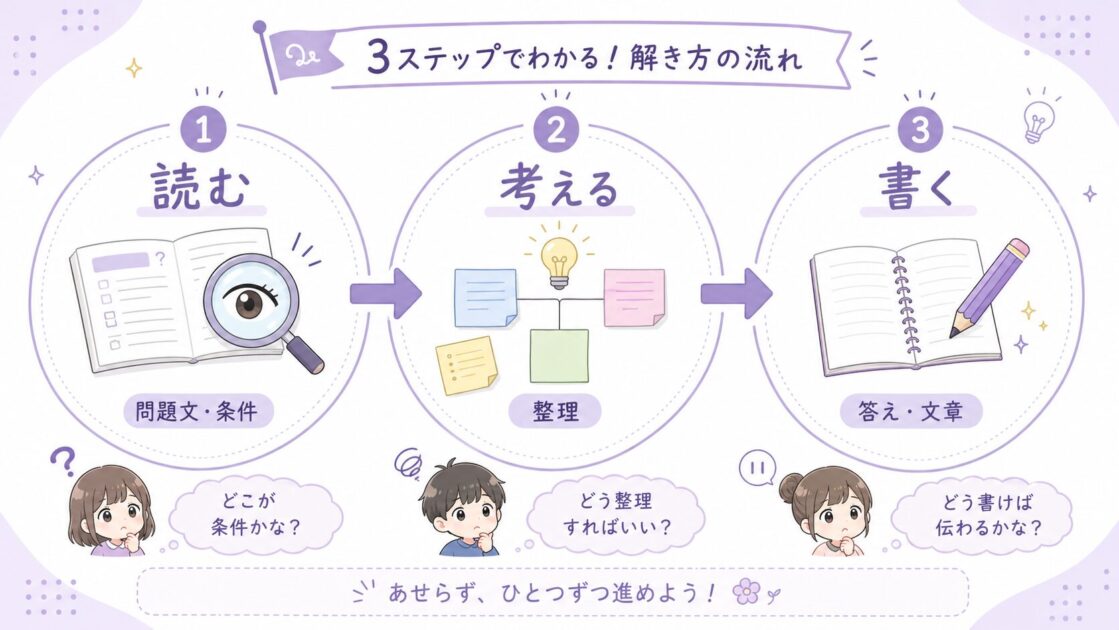読む・考える・書くの3つがつながり、どこで止まりやすいかを示した図で、勉強のつまずきの全体像の理解を助ける