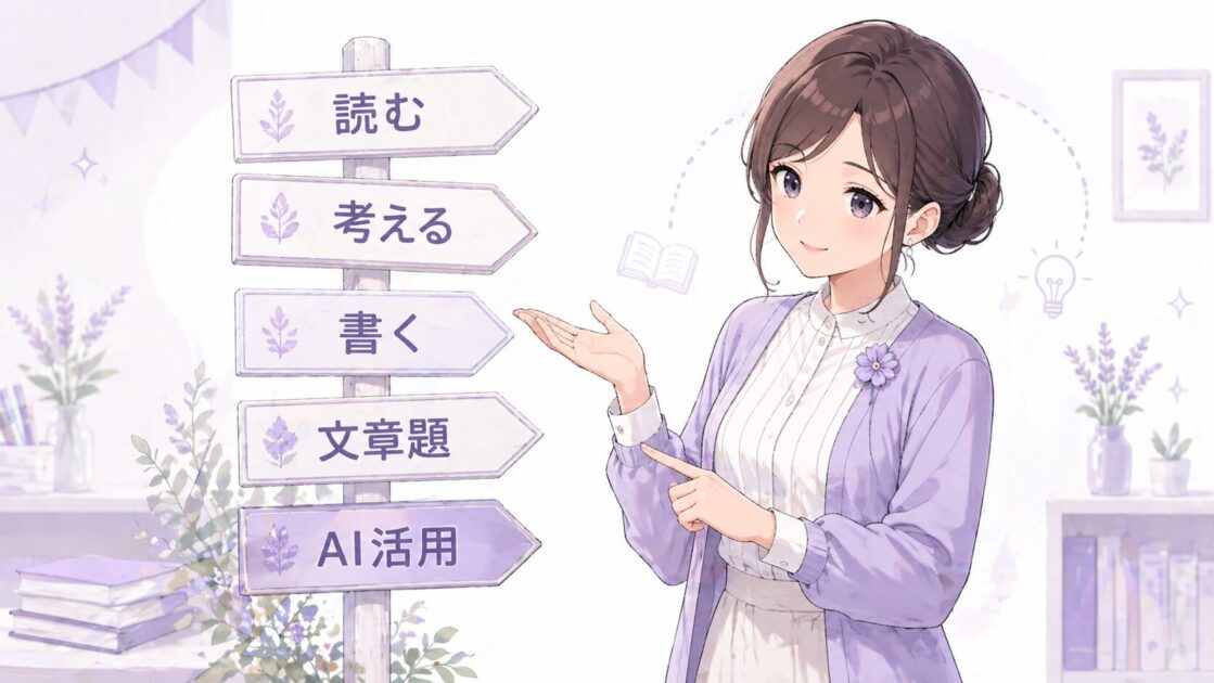 読む・考える・書く・文章題・AI活用などの方向へ進む案内板を、もこあい先生が示している挿絵で、次に読む記事の導線理解を助ける