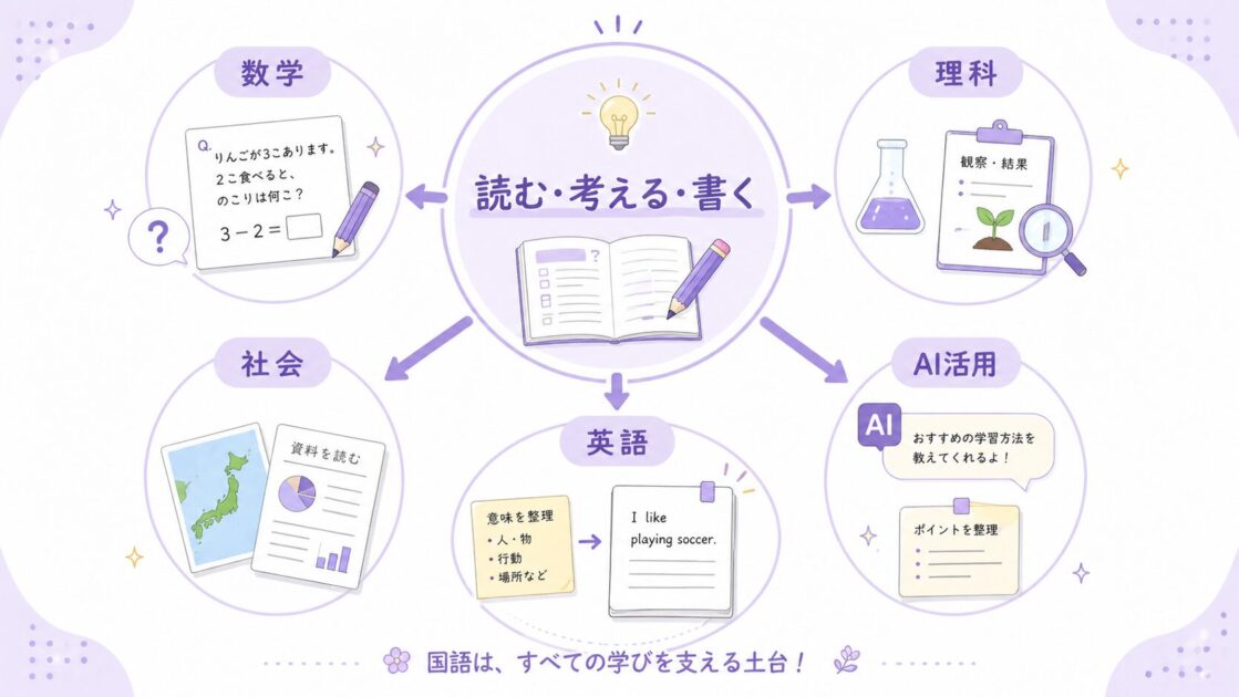 読む・考える・書くを中心に、数学・理科・社会・英語・AI活用へつながる様子を示した図で、国語が学びの土台である理解を助ける