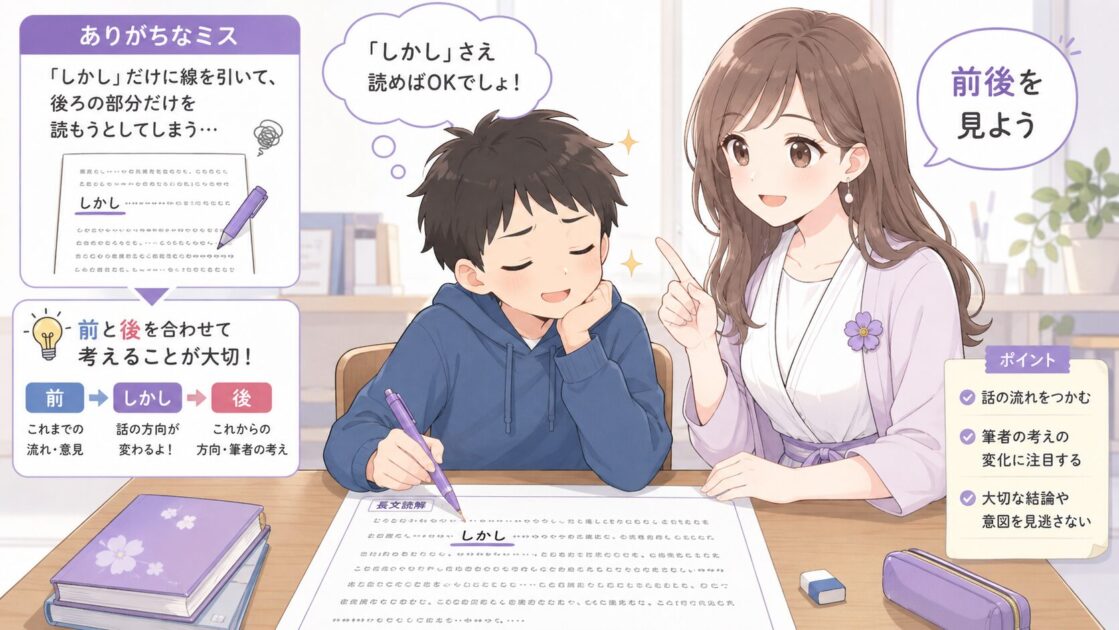 健太が国語長文の「しかし」にだけ線を引いて後ろだけ読もうとしており、よくある失敗を分かりやすく示す挿絵