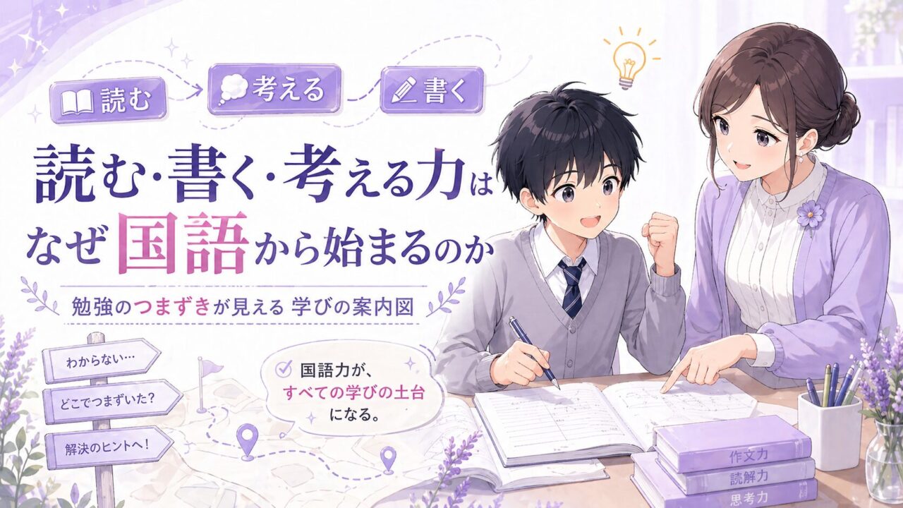 読む・書く・考える力が国語を土台にして学び全体へつながることを、もこあい先生と健太の学習場面で示したアイキャッチ