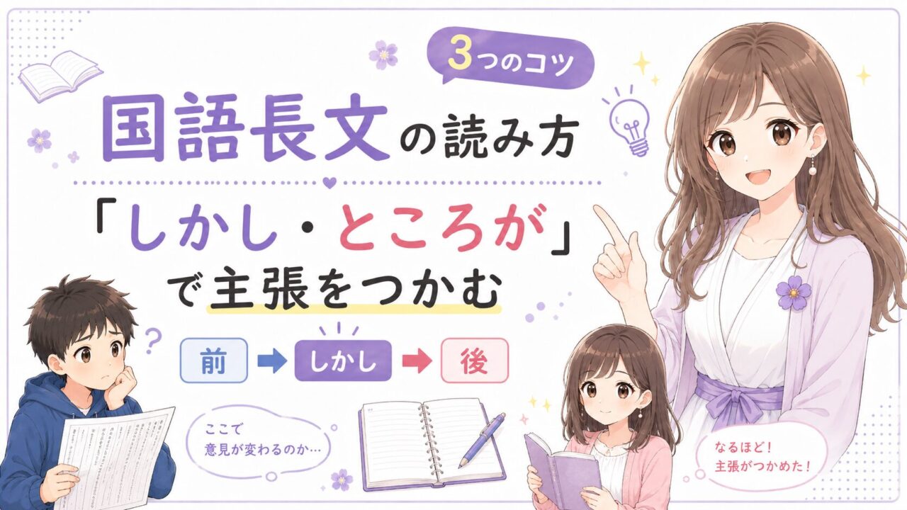 国語長文で「しかし」「ところが」に注目して筆者の主張を読む方法をやさしく伝えるアイキャッチ