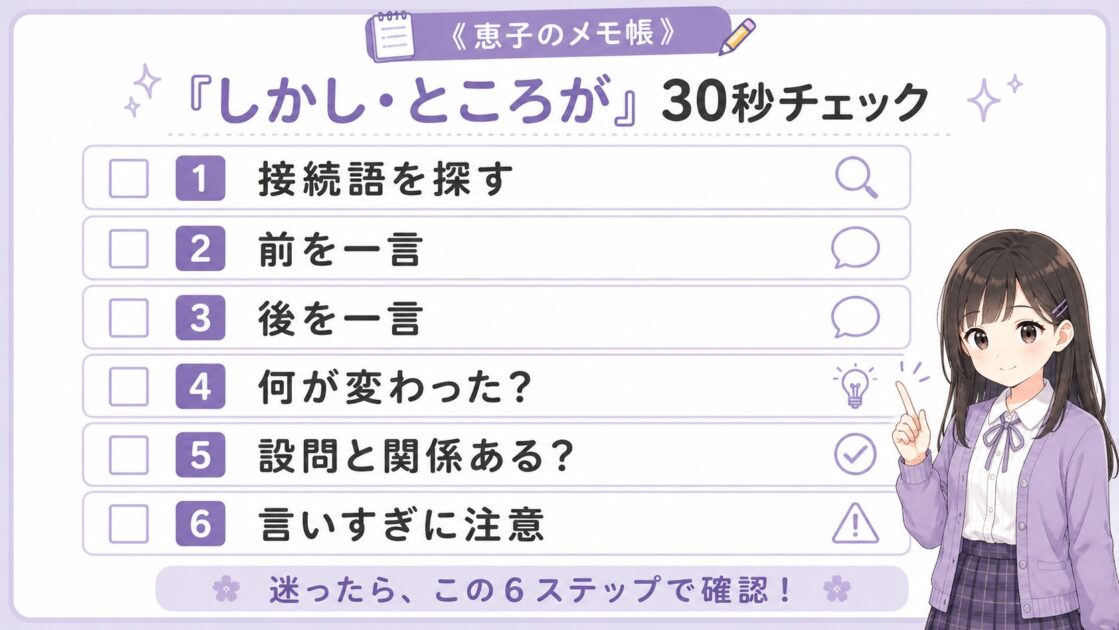 国語長文で「しかし・ところが」を見つけたときの30秒チェック手順を1枚で整理し、読み方の実践を助ける保存用ミニシート