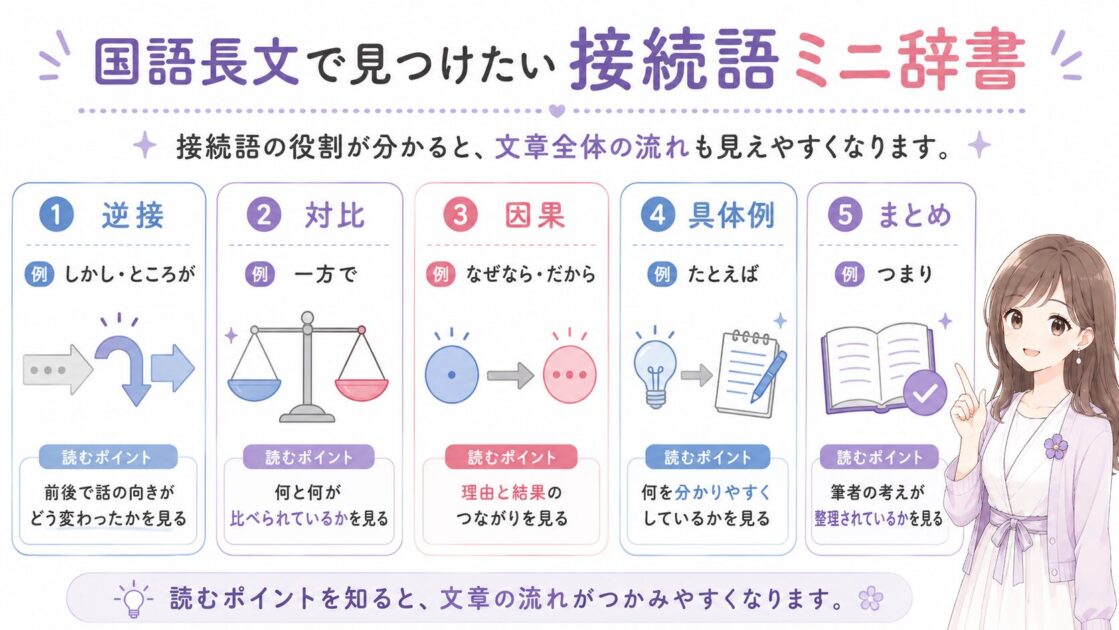 逆接・対比・因果・具体例・まとめの接続語を一覧で整理し、国語長文の流れを読み取る理解を助ける図解