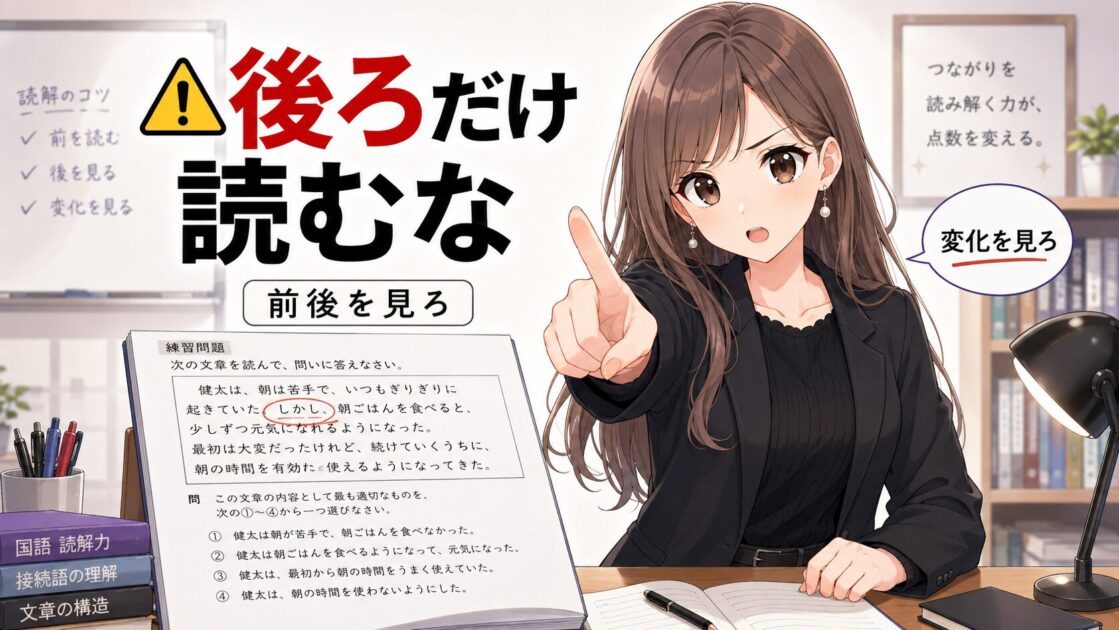 悪もこあい先生が「しかしの後ろだけ読んで満足するな」と鋭く注意し、読み違い防止の理解を助ける挿絵