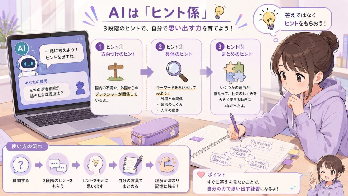 AIに答えではなく3段階のヒントを出してもらい想起練習につなげる流れを示した図