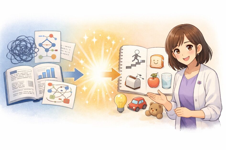 難しい説明をやさしい言葉やたとえに変えて理解しやすくする流れを示した挿絵