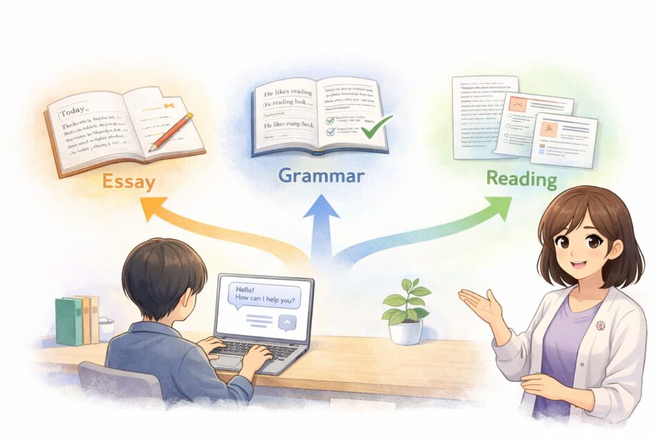 ChatGPTを英作文、文法確認、長文読解の3つの英語学習に活用する流れを示した挿絵