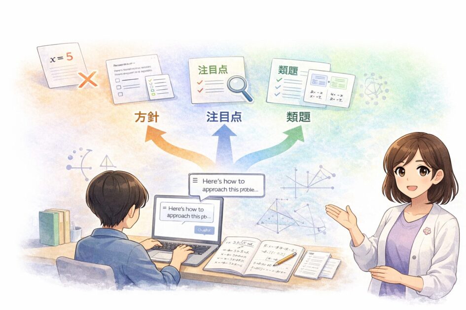 数学でChatGPTを答えの丸写しではなく解き方の方針整理や類題づくりに使うことを示した挿絵