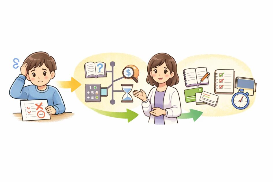 勉強のミスを原因ごとに分けて次の対策へつなげる流れを示した挿絵