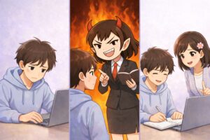 答えを聞く失敗から方針を聞く改善へ変わる様子を3コマで示す健太の学習ストーリー