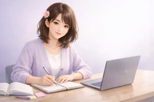 ChatGPTの勉強プロンプト集の導入として、ノートとPCで学びを整えるもこあい先生のイラスト