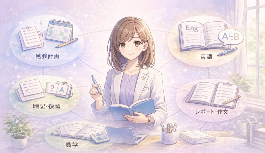 ChatGPTを勉強計画、要約、暗記、英語、数学、レポートなどの目的別に活用できることを示した全体マップの挿絵