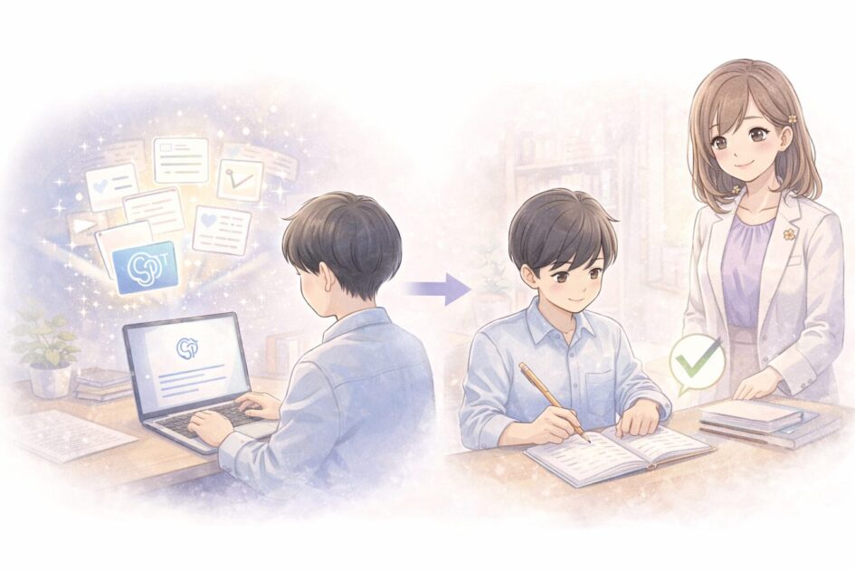 ChatGPTで下書きや整理を行い最後は自分で確認して仕上げる安全な勉強利用を示した挿絵