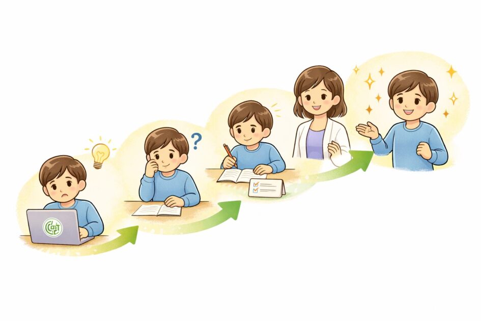 ChatGPTを使って段階的に考えながら学習を進めるイメージを示した挿絵