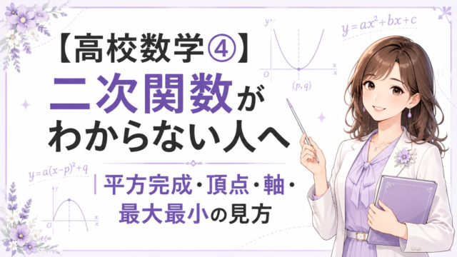 二次関数の平方完成・頂点・軸・最大最小の見方を解説する高校数学④のアイキャッチ