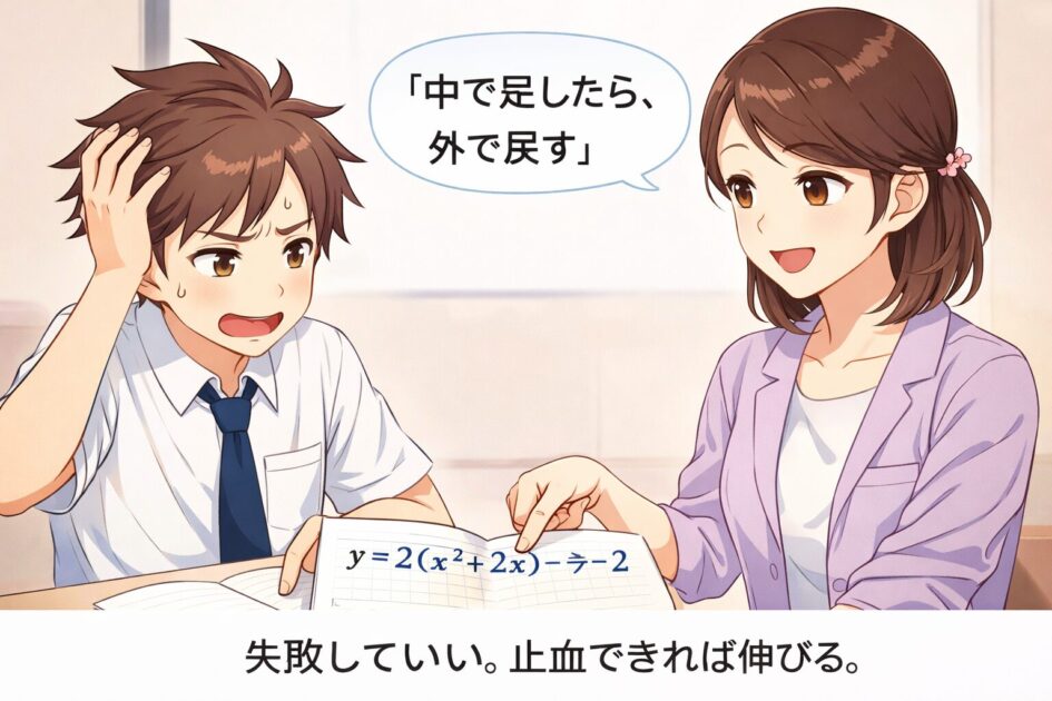 平方完成の途中で健太が焦り、もこあい先生が足して戻す手順を示して落ち着かせる場面