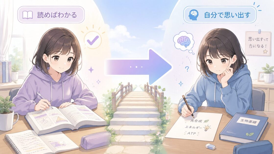 読める状態と思い出せる状態の違いを勉強の段階として示した比較図
