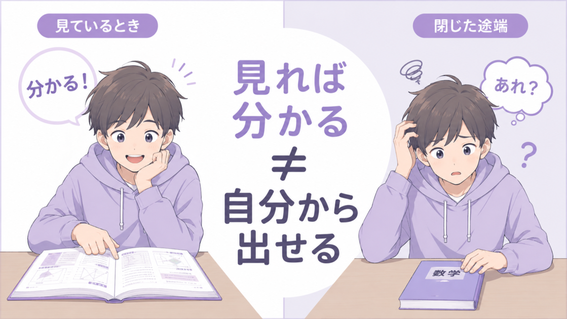 教科書を見れば分かる状態と、閉じると思い出せない状態を比較した図