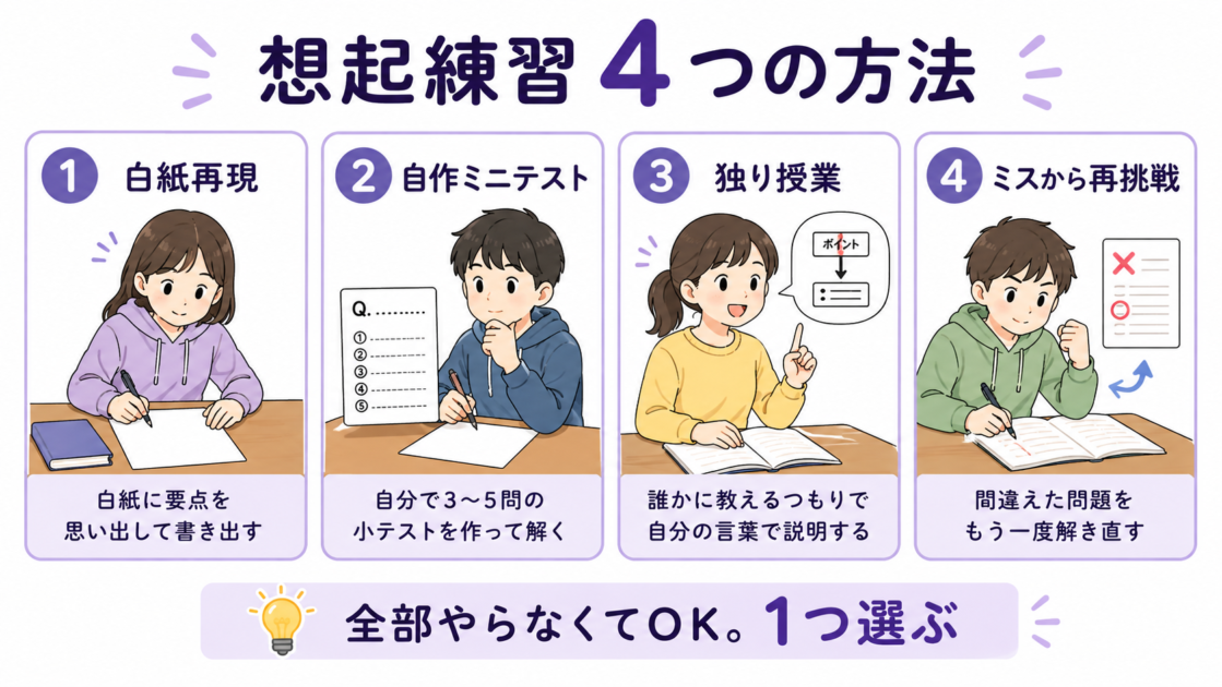 白紙再現、自作ミニテスト、独り授業、ミスから再挑戦の4つの想起練習方法