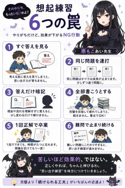 想起練習で避けたい、すぐ答えを見る、同じ問題を繰り返すなど6つの失敗例