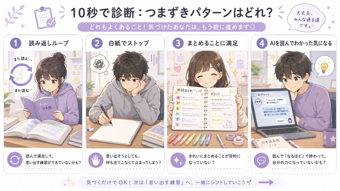 想起練習が続かない4つのタイプを読み返しループ型・真っ暗テスト型・ノート飾り型・AI分かった気になる型で整理した診断図