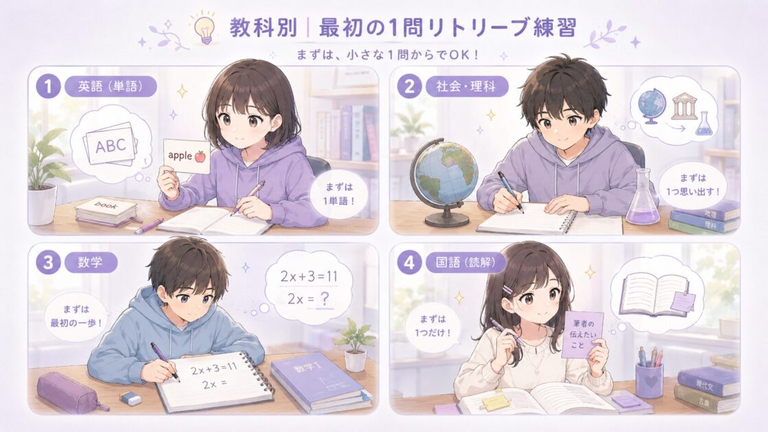 英単語・社会理科・数学・国語で最初にできる想起練習を示した教科別の図