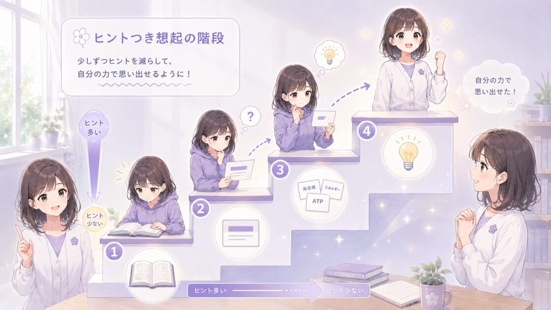 読む段階から見出し・キーワード・ヒントなし想起へ進むヒントあり想起の階段図