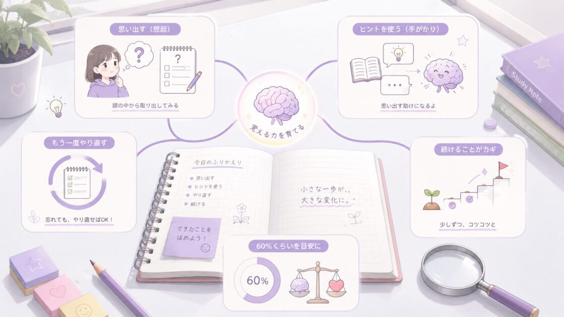 想起練習・ヒントあり想起・6割ラインなど記事で使う用語の関係を示したミニ辞書図