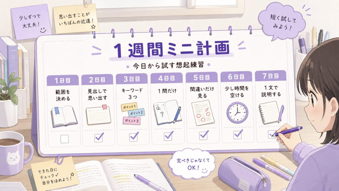 想起練習を1週間で始めるためのミニ計画を日ごとに示した表