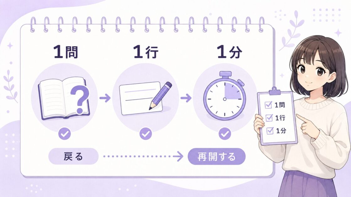 想起練習ができなかった日に1問・1行・1分で戻る手順をまとめたスクショ保存用ミニシート