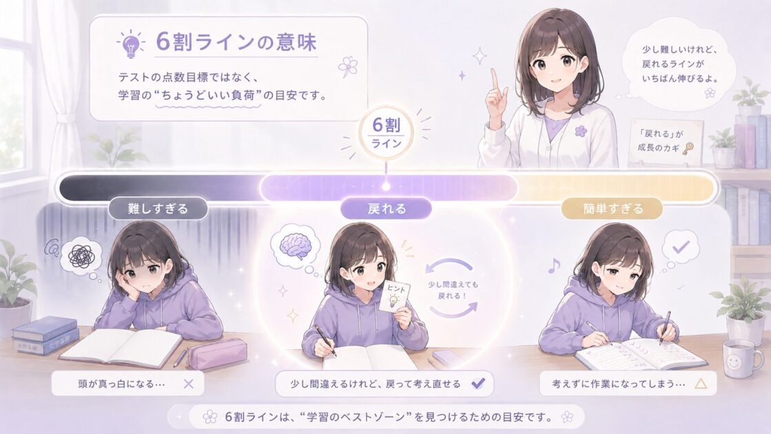 6割ラインがテストの点数目標ではなく勉強中の負荷調整の目安であることを示した図