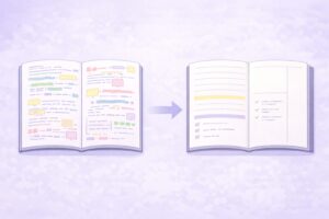 情報過多のノートと3ブロックで見やすく整えたノートの違いを示す比較図