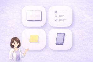 授業用と復習用と付箋用とスマホ用の最小テンプレをカードでまとめた図