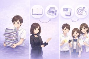 ノート沼と撮りっぱなしを避けて3行メモと翌日1問で復帰する流れを示す三コマ挿絵