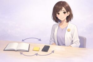 ノートの罠を避けて最小テンプレと翌日1問で学習を回すことを示す挿絵