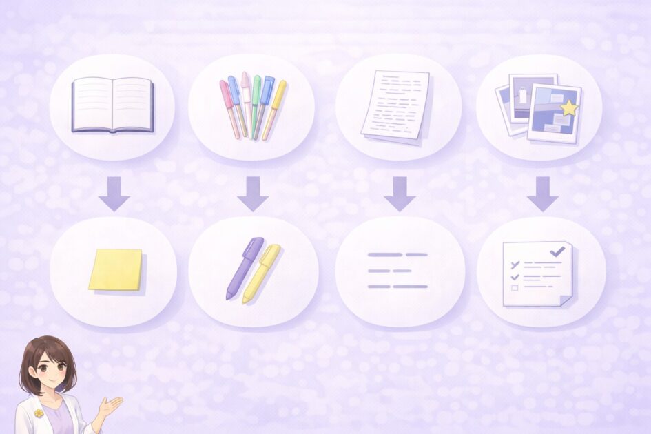 清書や色ペンや写経や撮りっぱなしなどノートの罠と最小回避策を示すまとめ図