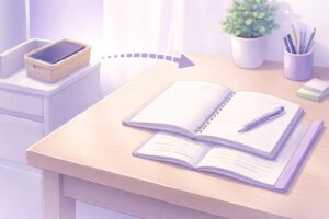 教材を机に出しスマホを離して学習の摩擦を調整する環境設計を示す俯瞰図