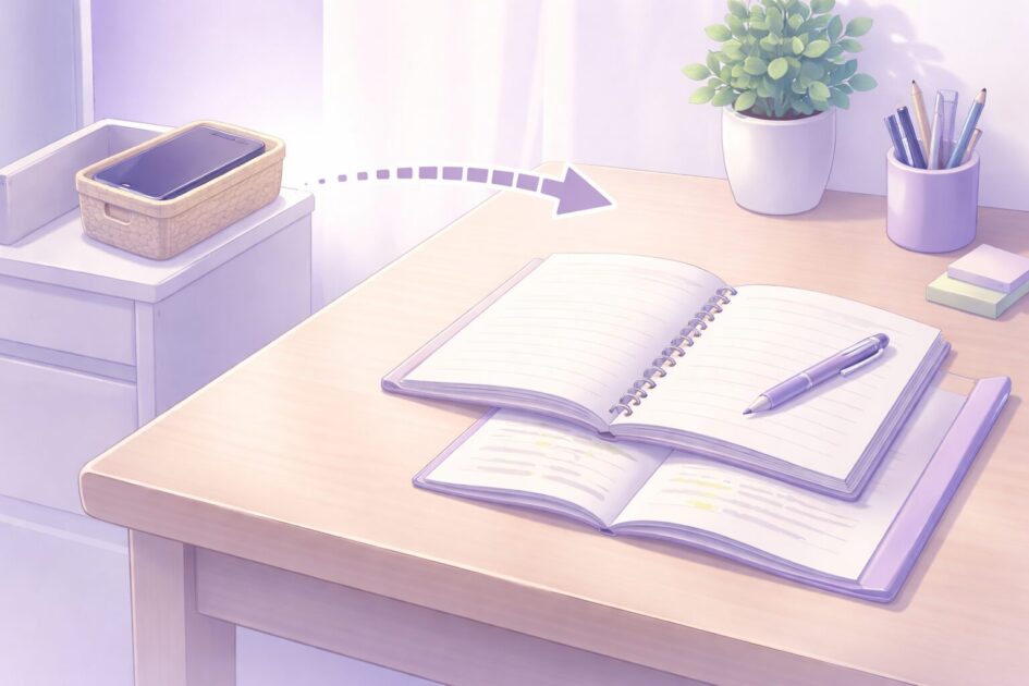 教材を机に出しスマホを離して学習の摩擦を調整する環境設計を示す俯瞰図
