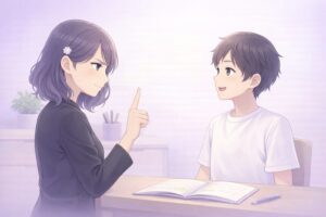 悪もこあい先生が行動を促し健太がやる気に切り替わる学習机シーンの挿絵